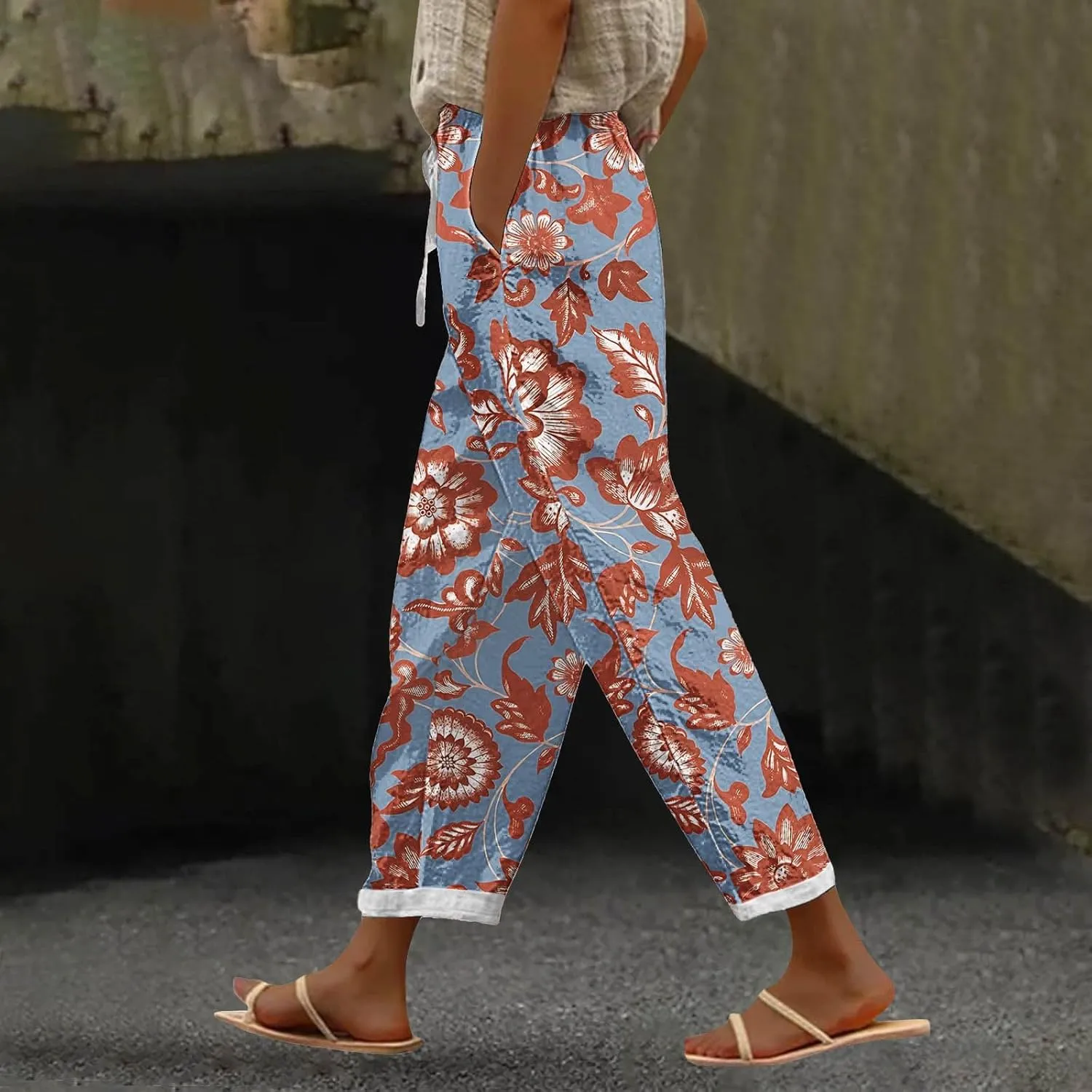 Womens Boho Cotton Linen Trouser Floral Printed Elastic Waist Pull On Summer Beach Pants Plus Size Wide Leg Harem Pants