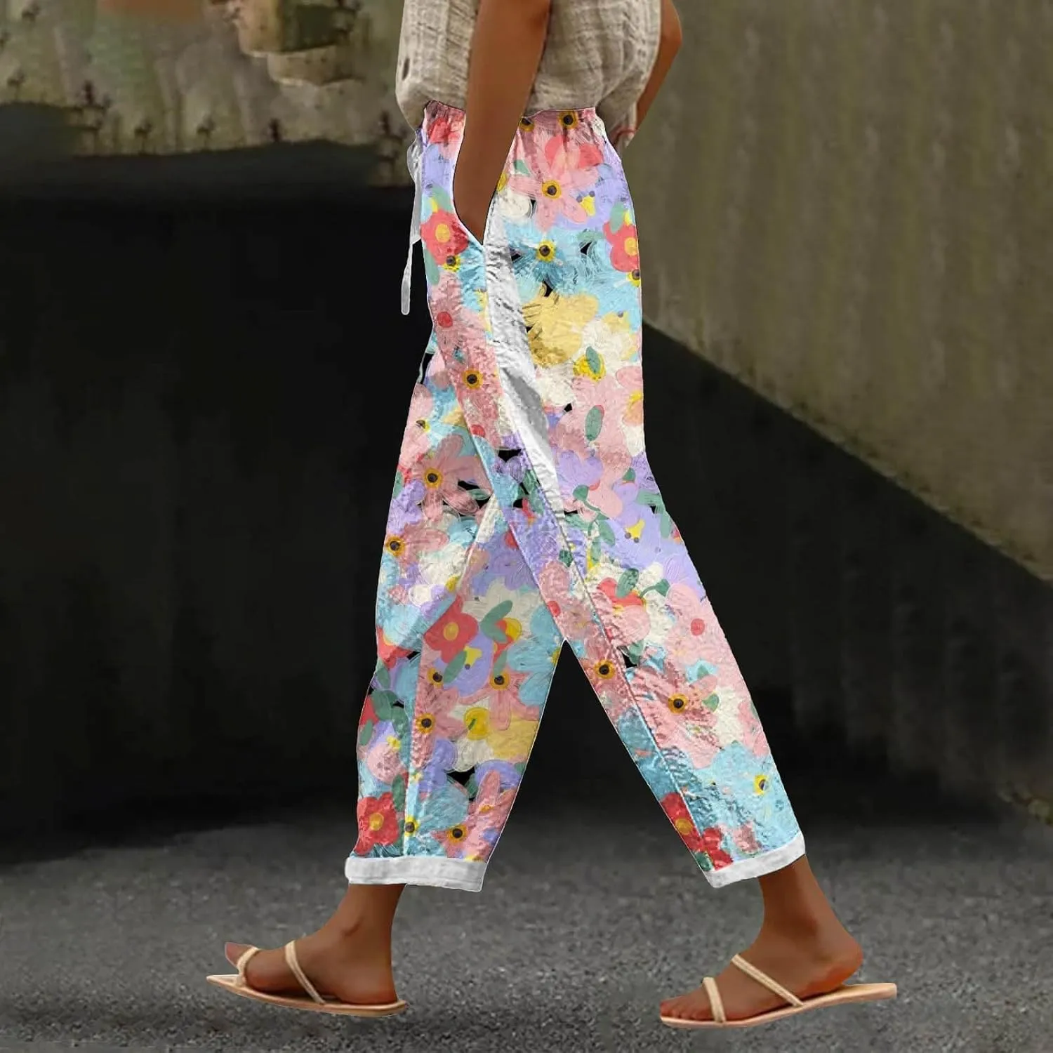 Womens Boho Cotton Linen Trouser Floral Printed Elastic Waist Pull On Summer Beach Pants Plus Size Wide Leg Harem Pants