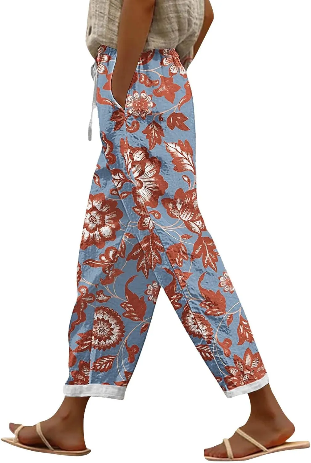 Womens Boho Cotton Linen Trouser Floral Printed Elastic Waist Pull On Summer Beach Pants Plus Size Wide Leg Harem Pants
