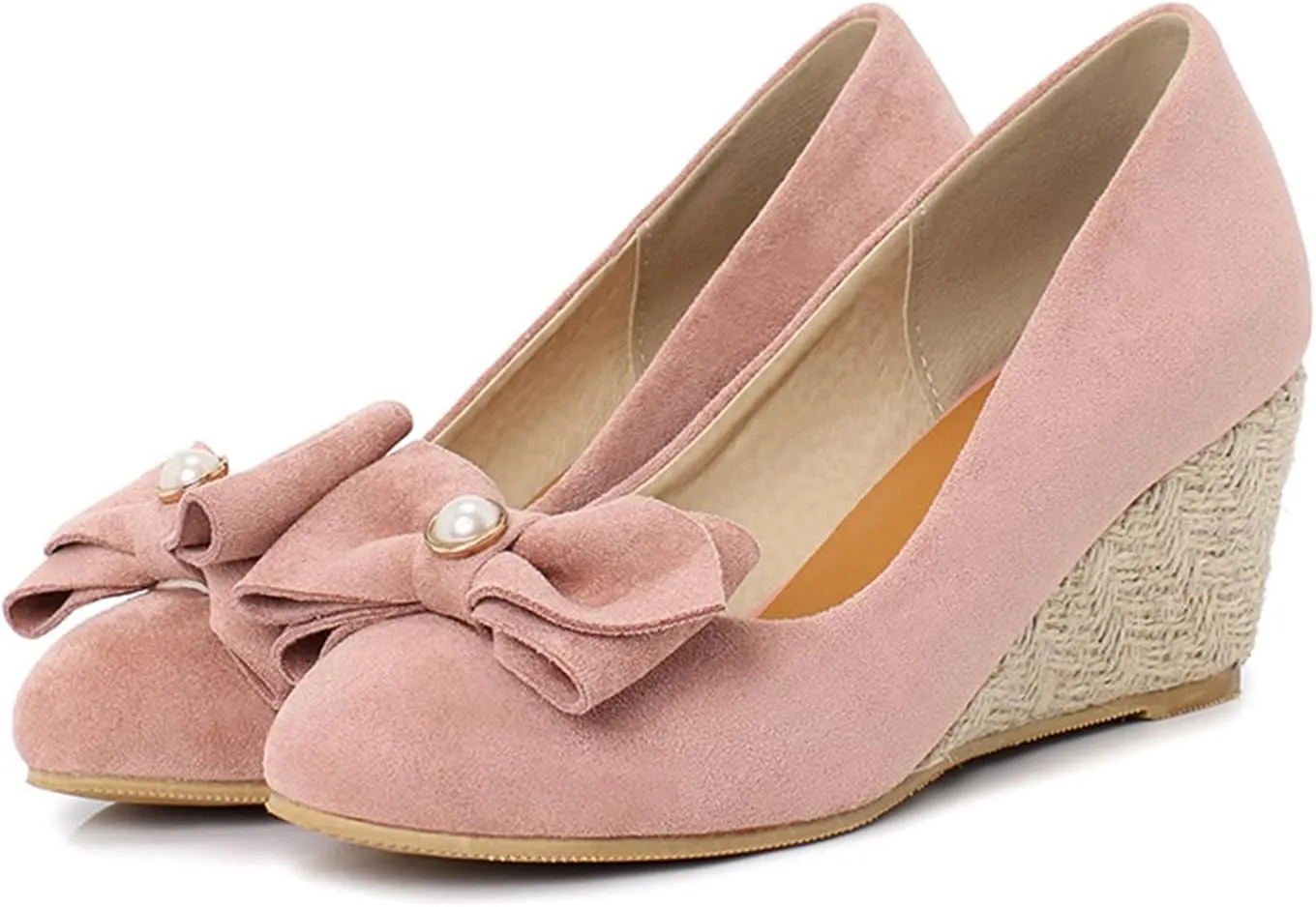 Womens Bowknot Espadrilles Pumps Slip On Closed Toe Faux Suede Fashion Wedge High Heel Dress Shoes