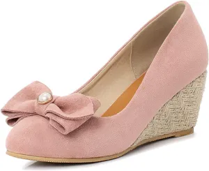 Womens Bowknot Espadrilles Pumps Slip On Closed Toe Faux Suede Fashion Wedge High Heel Dress Shoes