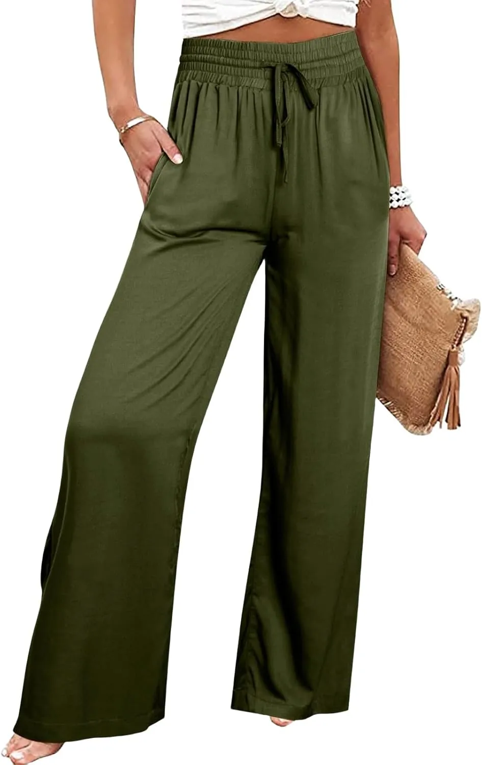 Womens Business Pants Fashion Dressy Wide Leg Work Pant Drawstring High Waisted Solid Color Loose Casual Trousers