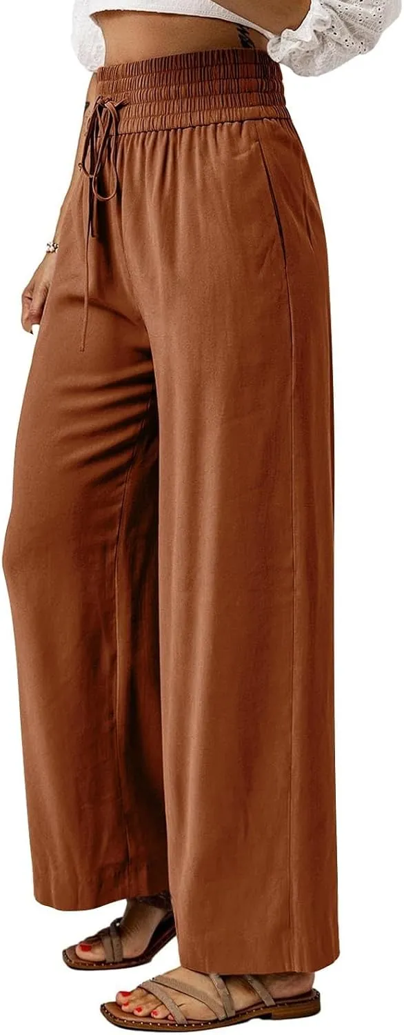 Womens Business Pants Fashion Dressy Wide Leg Work Pant Drawstring High Waisted Solid Color Loose Casual Trousers