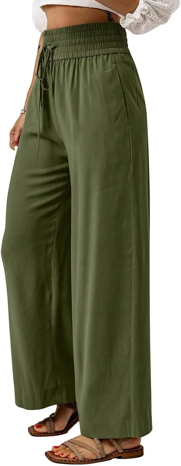 Womens Business Pants Fashion Dressy Wide Leg Work Pant Drawstring High Waisted Solid Color Loose Casual Trousers