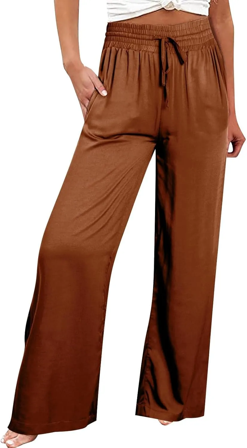 Womens Business Pants Fashion Dressy Wide Leg Work Pant Drawstring High Waisted Solid Color Loose Casual Trousers