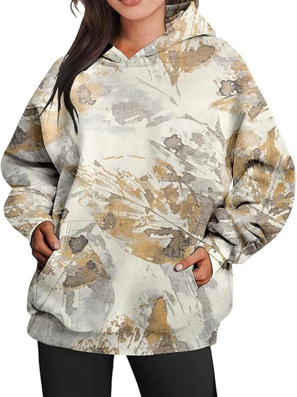 Women's Camo Hoodie Maple-Leaf Print Oversized Sweatshirt Fleece Hoodies Long Sleeve Sweaters Pullover Fall Outfits