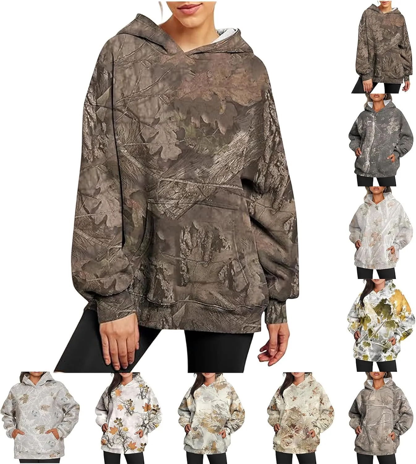 Women's Camo Hoodie Maple-Leaf Print Oversized Sweatshirt Fleece Hoodies Long Sleeve Sweaters Pullover Fall Outfits