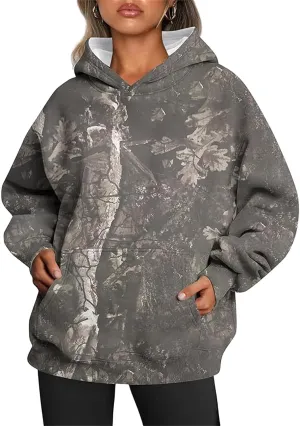 Women's Camo Hoodie Maple-Leaf Print Oversized Sweatshirt Fleece Hoodies Long Sleeve Sweaters Pullover Fall Outfits