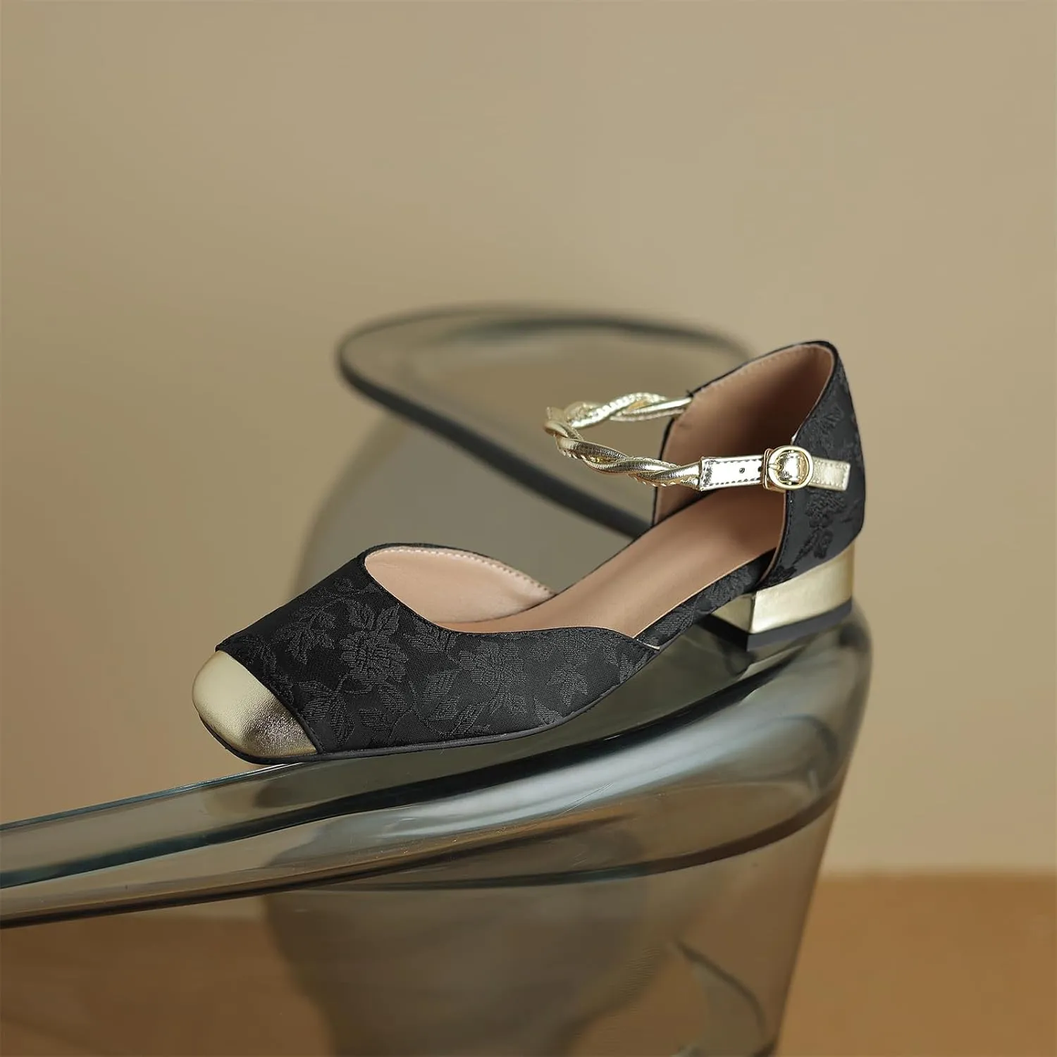 Women's Cap Square Closed Toe D'Orsay Pumps Embroidery Buckle Low Block Heel Rhinestone Cross Ankle Strap Classic Work Office Shoes Church Comfort Dress Party Shopping Dating Sandals