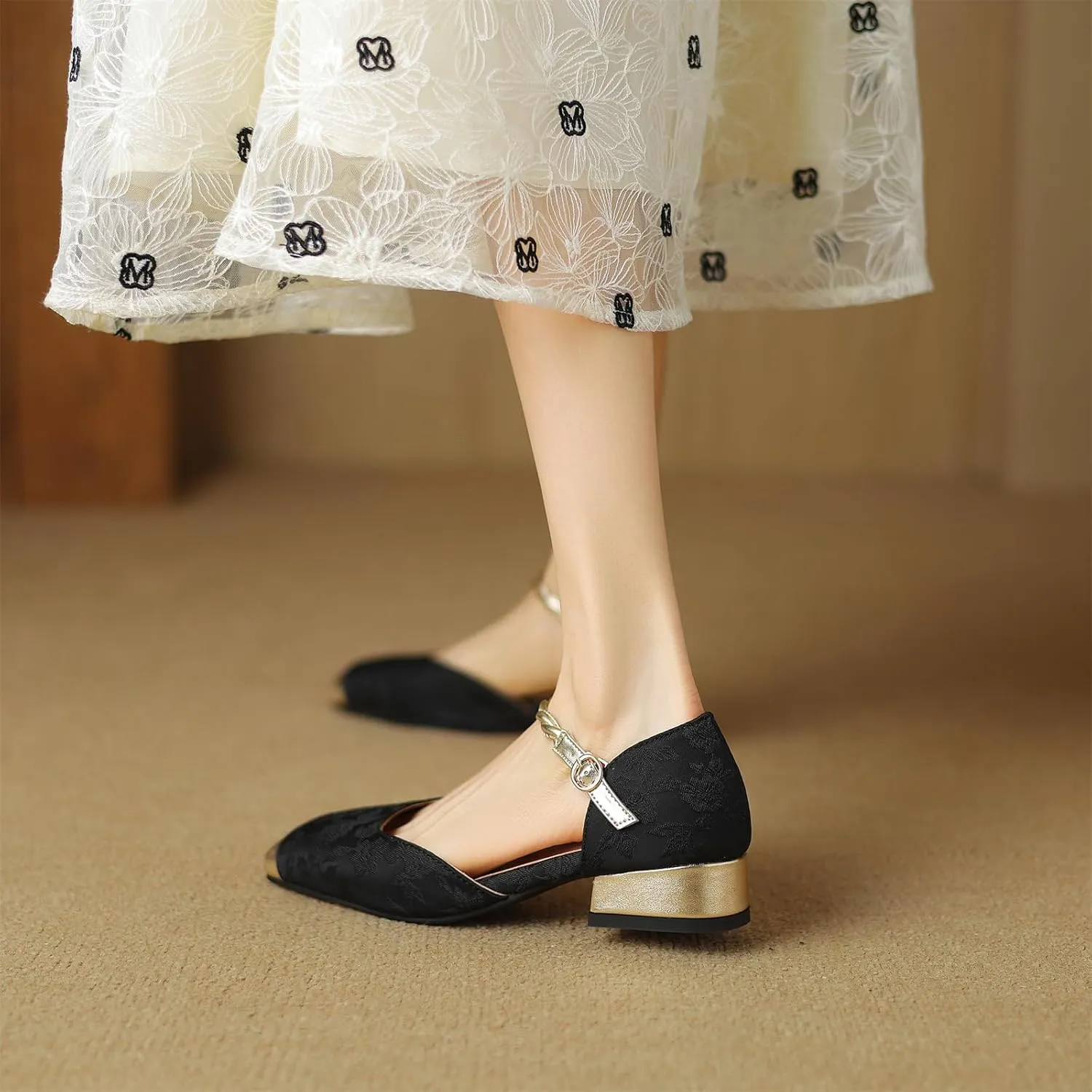 Women's Cap Square Closed Toe D'Orsay Pumps Embroidery Buckle Low Block Heel Rhinestone Cross Ankle Strap Classic Work Office Shoes Church Comfort Dress Party Shopping Dating Sandals
