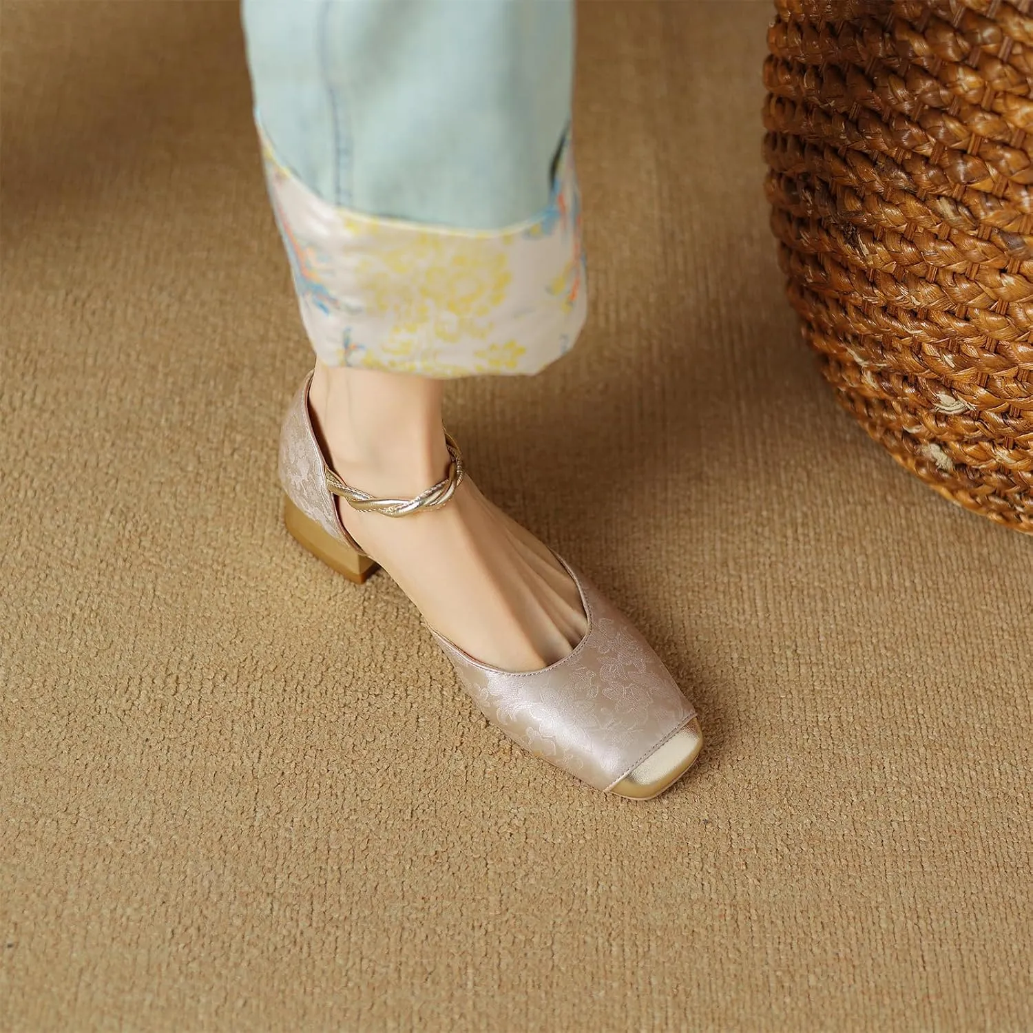 Women's Cap Square Closed Toe D'Orsay Pumps Embroidery Buckle Low Block Heel Rhinestone Cross Ankle Strap Classic Work Office Shoes Church Comfort Dress Party Shopping Dating Sandals