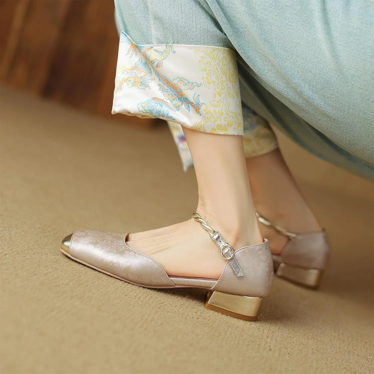 Women's Cap Square Closed Toe D'Orsay Pumps Embroidery Buckle Low Block Heel Rhinestone Cross Ankle Strap Classic Work Office Shoes Church Comfort Dress Party Shopping Dating Sandals