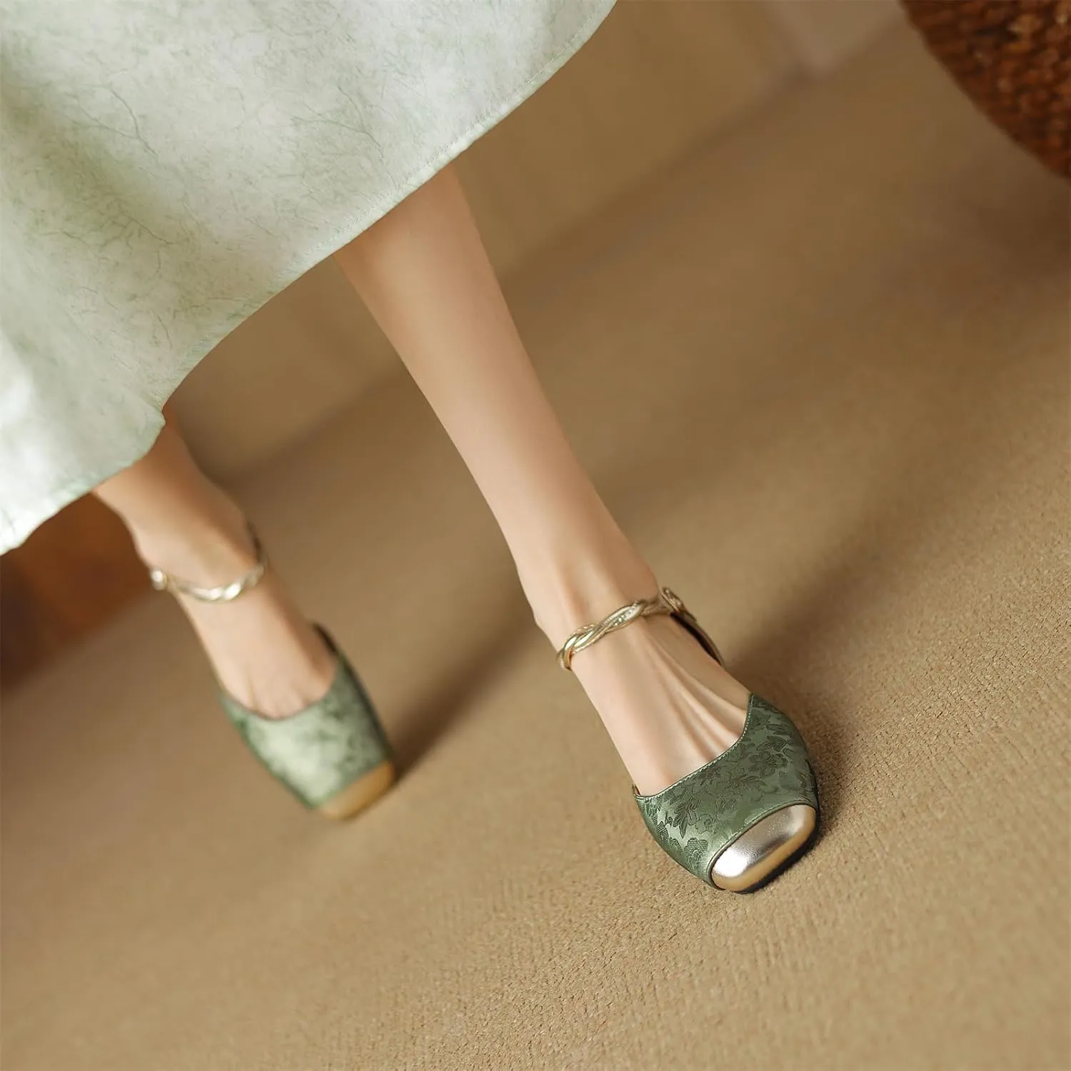 Women's Cap Square Closed Toe D'Orsay Pumps Embroidery Buckle Low Block Heel Rhinestone Cross Ankle Strap Classic Work Office Shoes Church Comfort Dress Party Shopping Dating Sandals