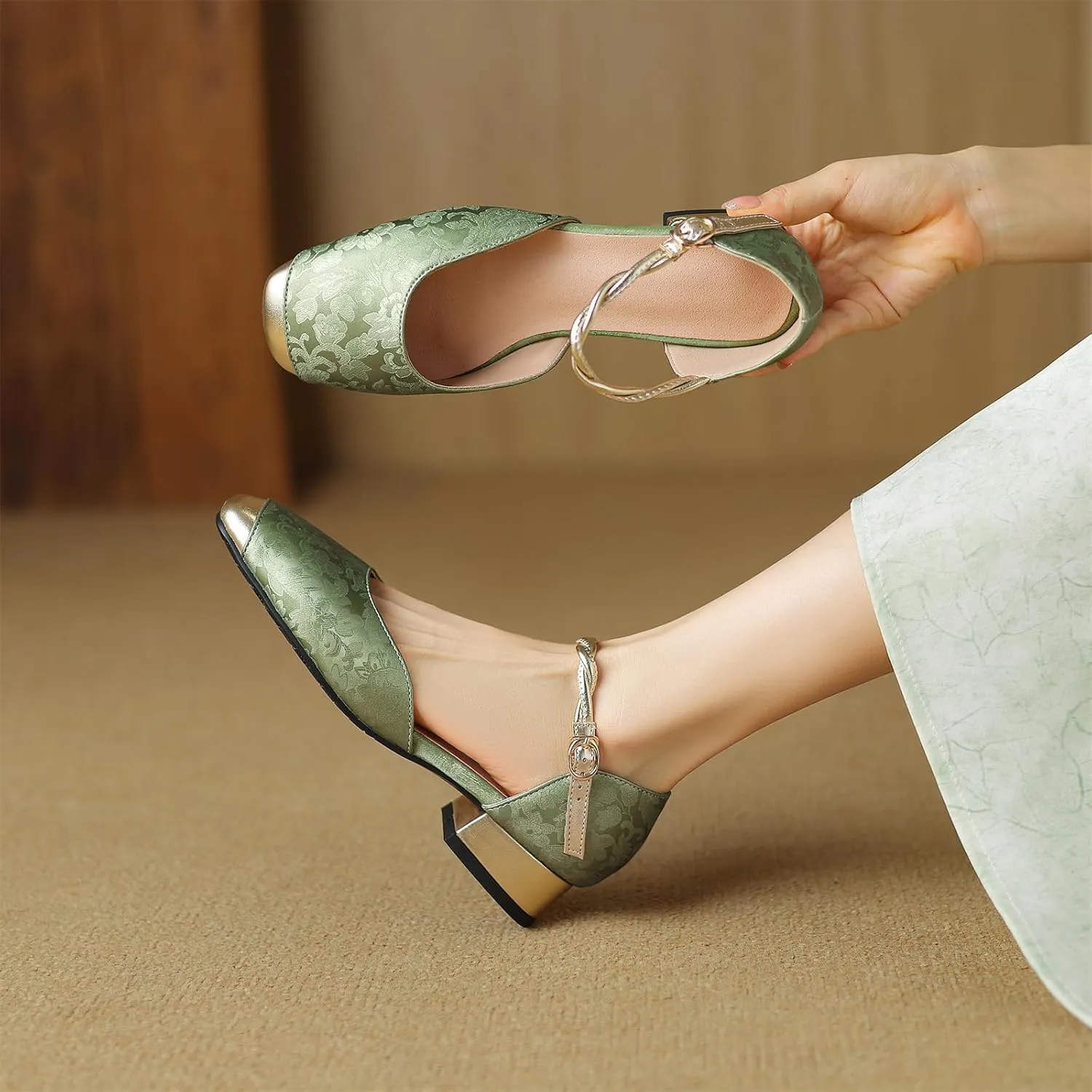 Women's Cap Square Closed Toe D'Orsay Pumps Embroidery Buckle Low Block Heel Rhinestone Cross Ankle Strap Classic Work Office Shoes Church Comfort Dress Party Shopping Dating Sandals