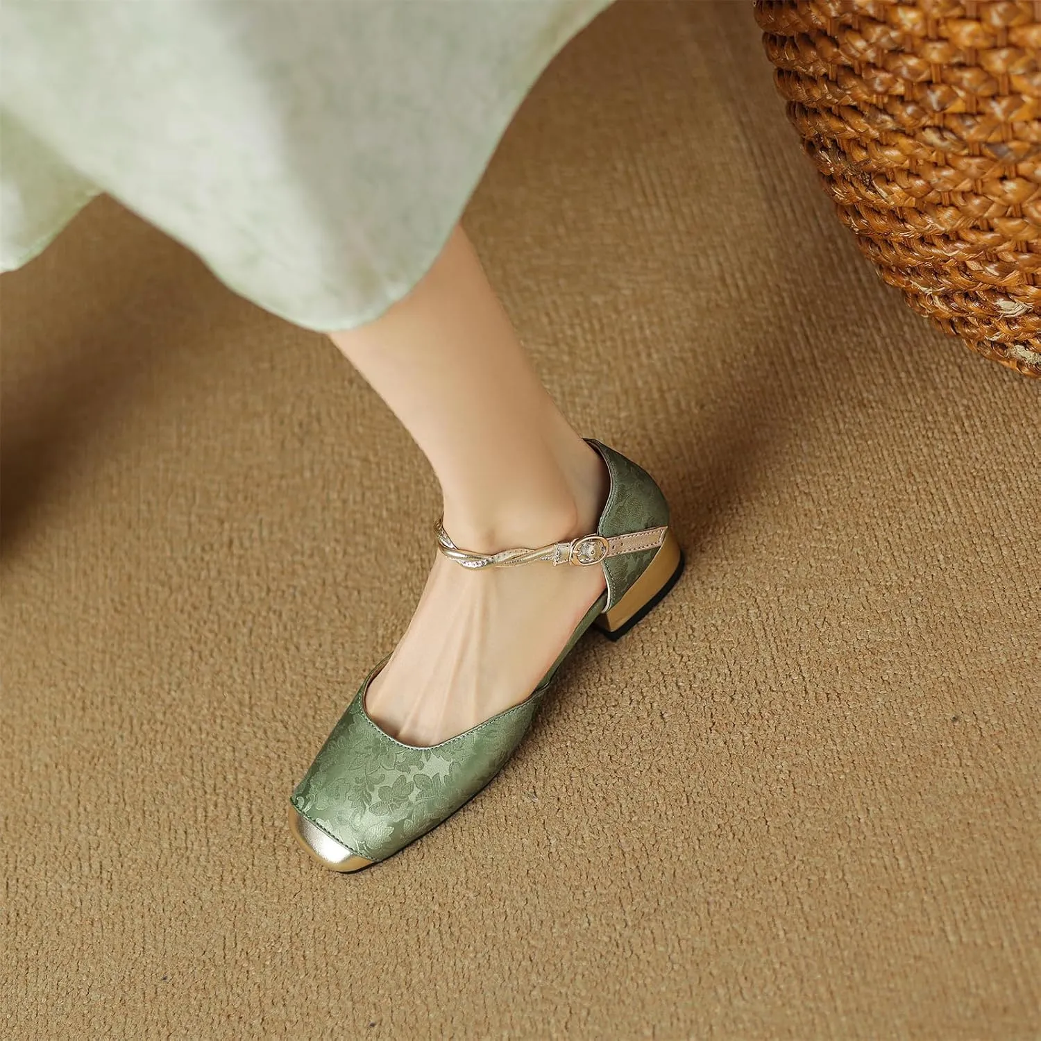 Women's Cap Square Closed Toe D'Orsay Pumps Embroidery Buckle Low Block Heel Rhinestone Cross Ankle Strap Classic Work Office Shoes Church Comfort Dress Party Shopping Dating Sandals