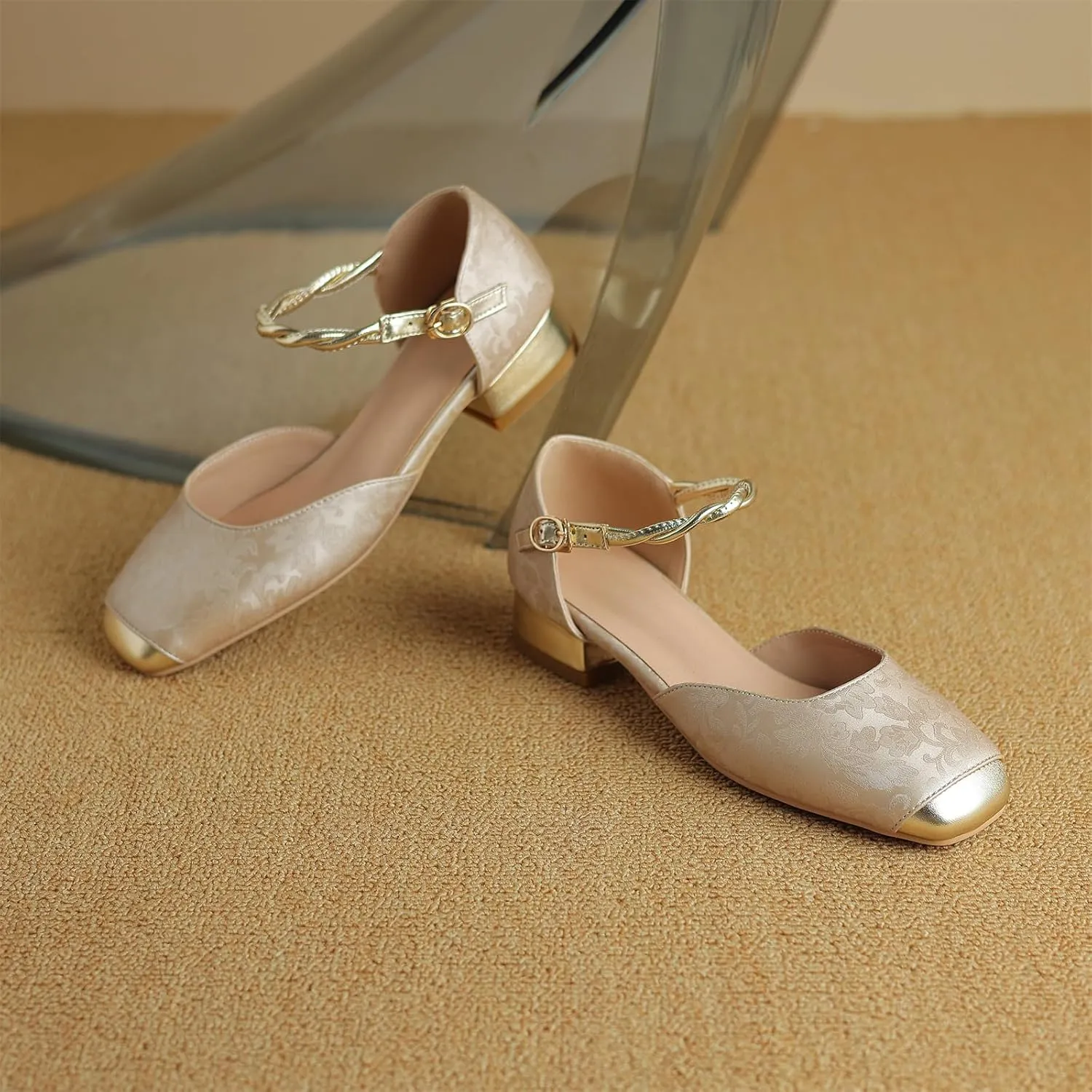 Women's Cap Square Closed Toe D'Orsay Pumps Embroidery Buckle Low Block Heel Rhinestone Cross Ankle Strap Classic Work Office Shoes Church Comfort Dress Party Shopping Dating Sandals