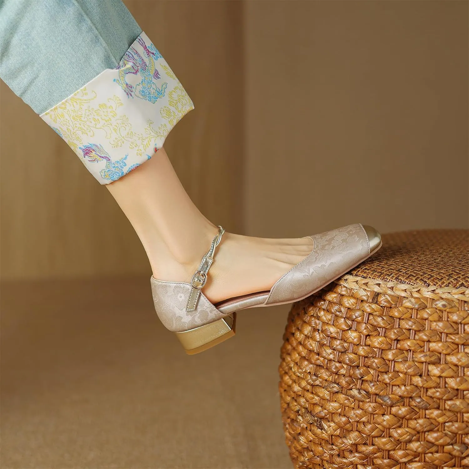 Women's Cap Square Closed Toe D'Orsay Pumps Embroidery Buckle Low Block Heel Rhinestone Cross Ankle Strap Classic Work Office Shoes Church Comfort Dress Party Shopping Dating Sandals