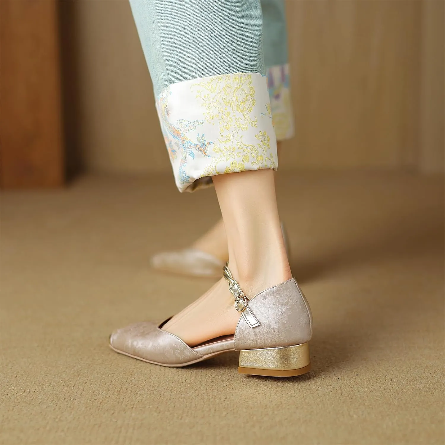 Women's Cap Square Closed Toe D'Orsay Pumps Embroidery Buckle Low Block Heel Rhinestone Cross Ankle Strap Classic Work Office Shoes Church Comfort Dress Party Shopping Dating Sandals