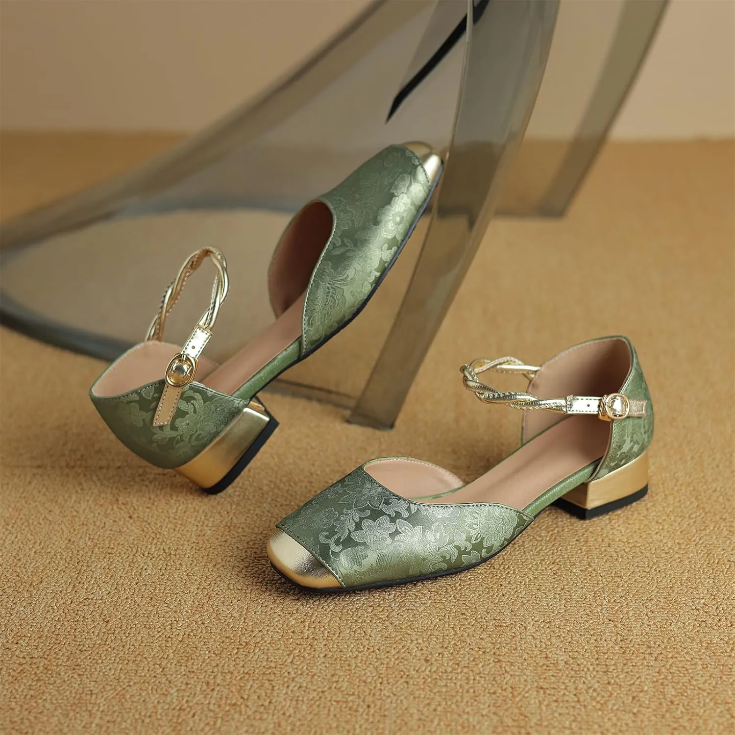 Women's Cap Square Closed Toe D'Orsay Pumps Embroidery Buckle Low Block Heel Rhinestone Cross Ankle Strap Classic Work Office Shoes Church Comfort Dress Party Shopping Dating Sandals