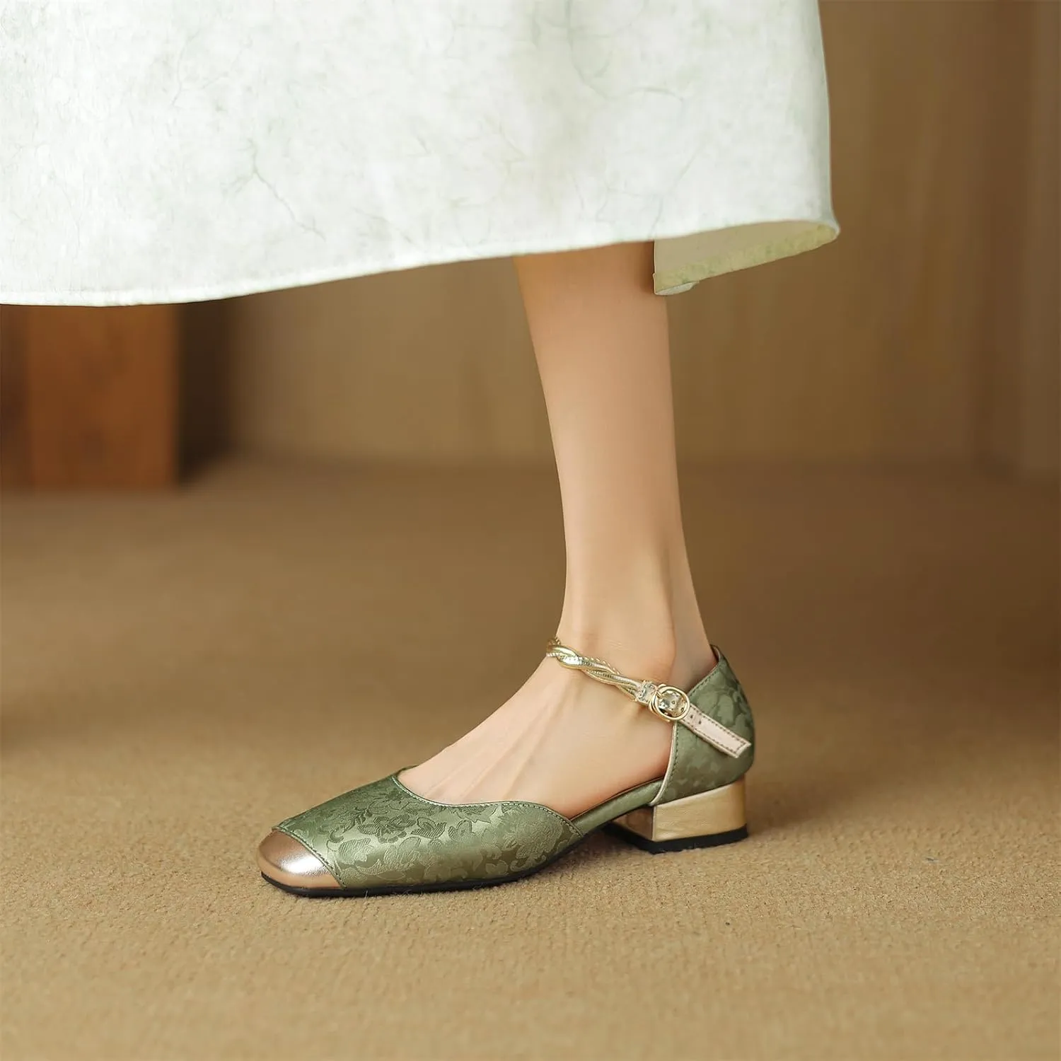 Women's Cap Square Closed Toe D'Orsay Pumps Embroidery Buckle Low Block Heel Rhinestone Cross Ankle Strap Classic Work Office Shoes Church Comfort Dress Party Shopping Dating Sandals