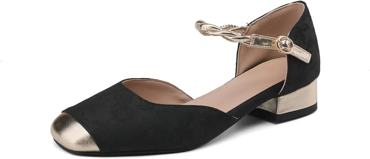 Women's Cap Square Closed Toe D'Orsay Pumps Embroidery Buckle Low Block Heel Rhinestone Cross Ankle Strap Classic Work Office Shoes Church Comfort Dress Party Shopping Dating Sandals