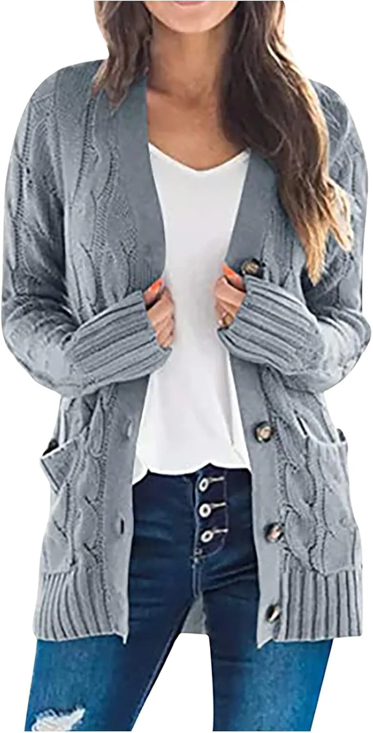 Womens Cardigan Sweaters Dressy Casual Long Sleeve Cable Knit Sweater Open Front Cardigan Button Loose Coat