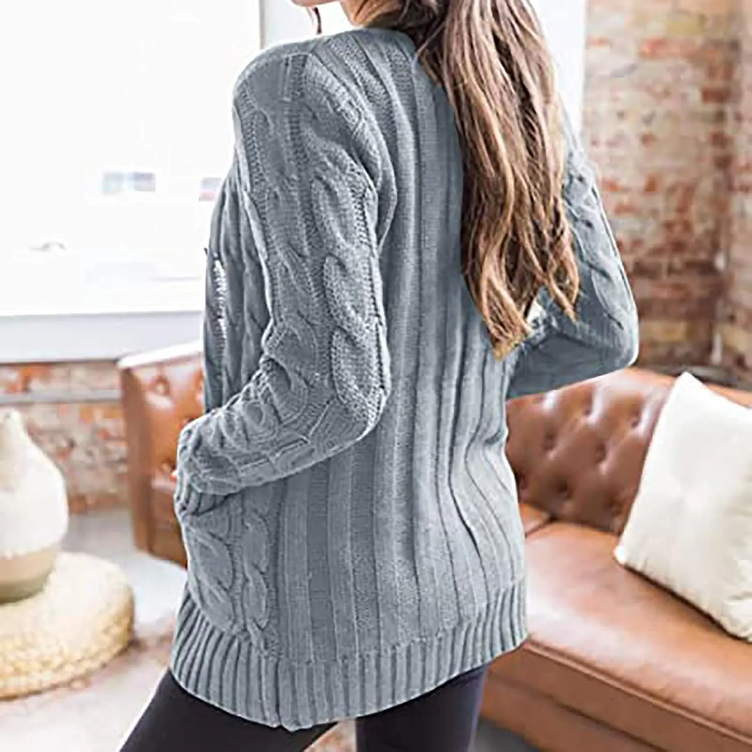 Womens Cardigan Sweaters Dressy Casual Long Sleeve Cable Knit Sweater Open Front Cardigan Button Loose Coat