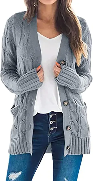 Womens Cardigan Sweaters Dressy Casual Long Sleeve Cable Knit Sweater Open Front Cardigan Button Loose Coat