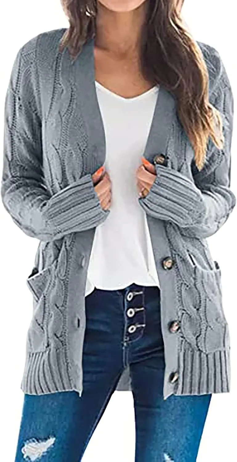Womens Cardigan Sweaters Dressy Casual Long Sleeve Cable Knit Sweater Open Front Cardigan Button Loose Coat