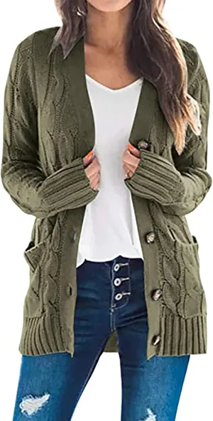 Womens Cardigan Sweaters Dressy Casual Long Sleeve Cable Knit Sweater Open Front Cardigan Button Loose Coat