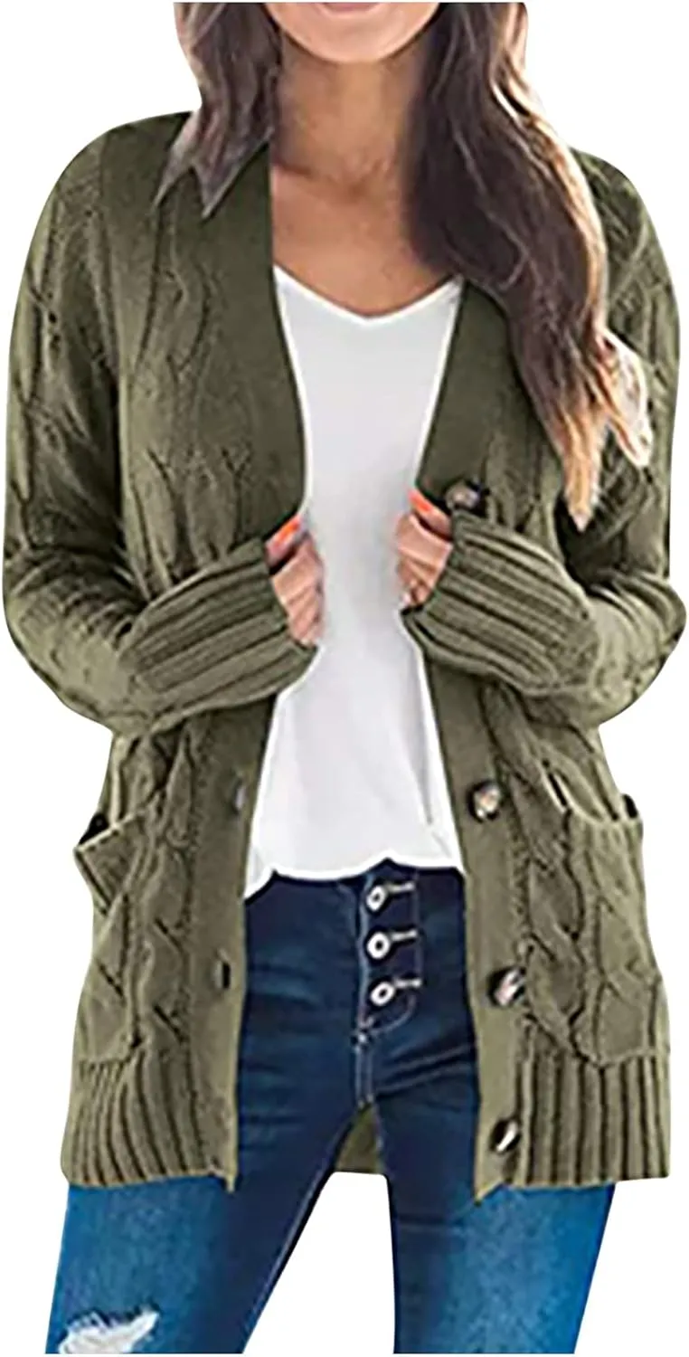 Womens Cardigan Sweaters Dressy Casual Long Sleeve Cable Knit Sweater Open Front Cardigan Button Loose Coat