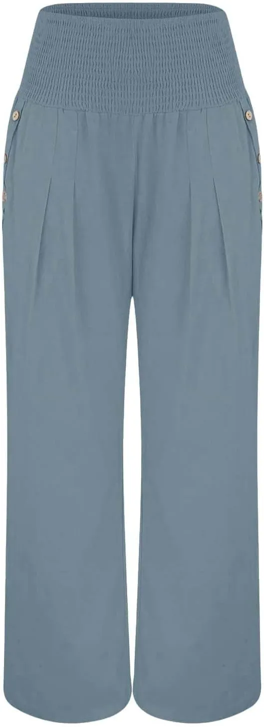 Women's Casual Linen Palazzo Pants Smocked Elastic Waist Summer Boho Wide Leg Long Flowy Lounge Trousers with Pockets