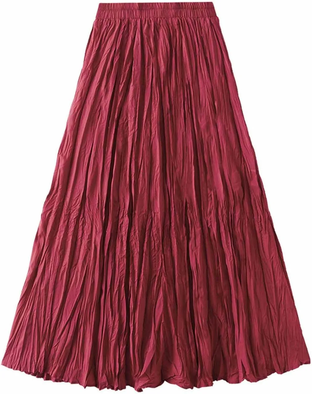 Women's Casual Trendy Classic Midi Wrinkled Skirt A-Line Elastic Waist Swing Pleated Fall Winter Solid Color Skirts