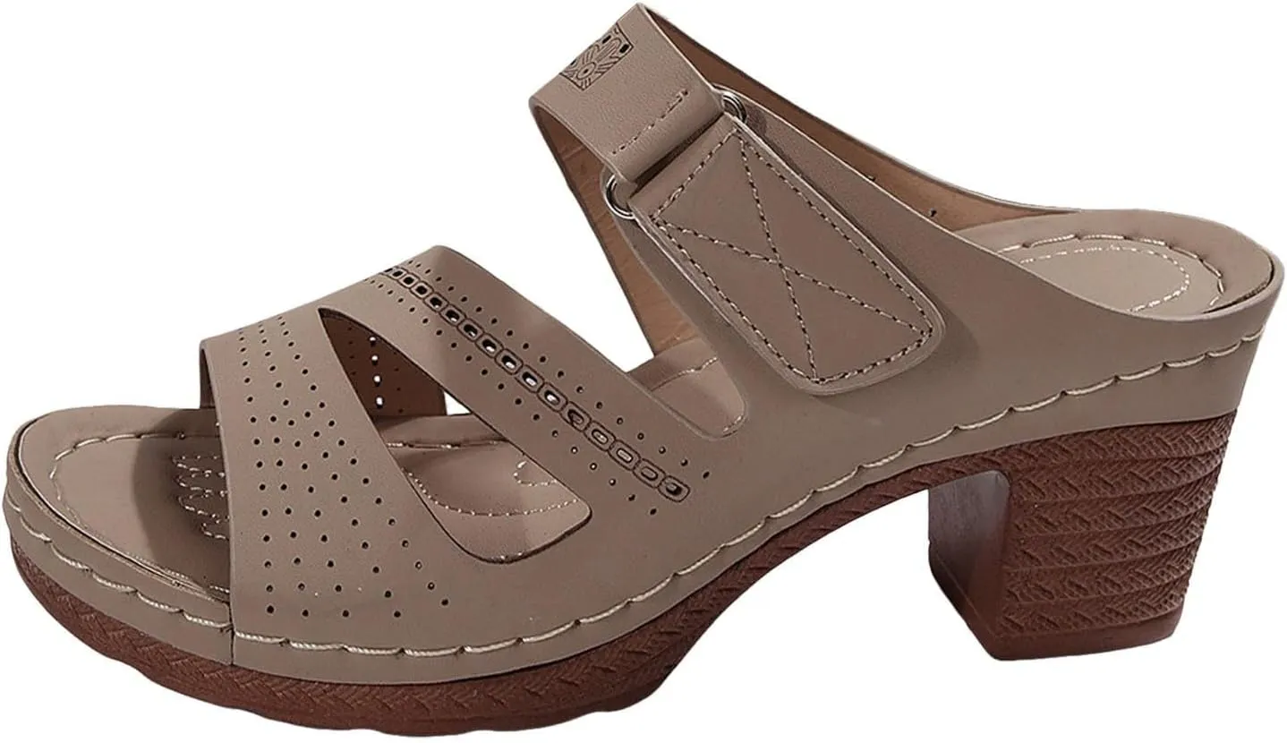 Womens Chunky Heels Sandals Casual Dressy Open Toe Adjustable Ankle Strap Slip On Beach Slides Platform Heels Slippers