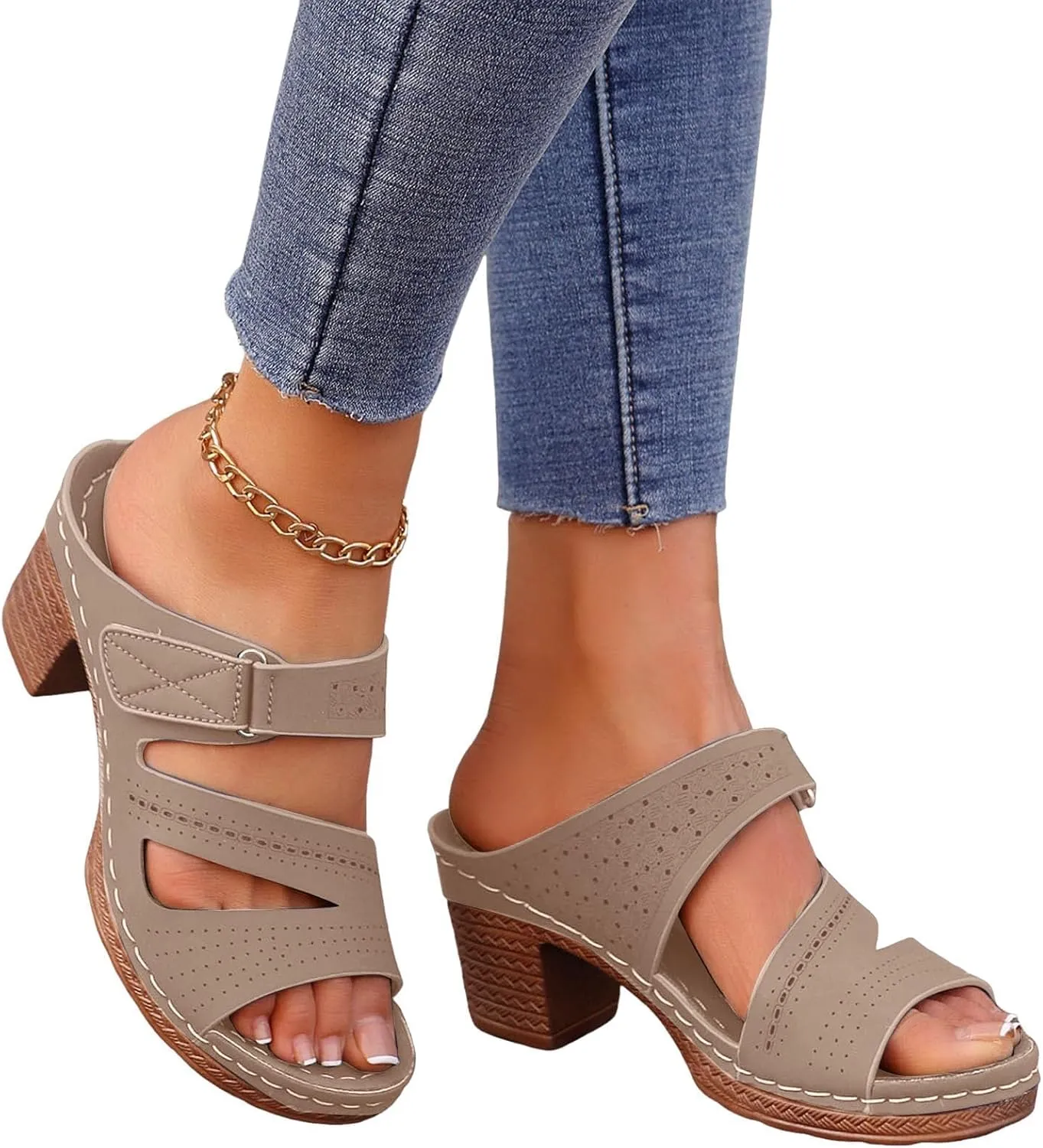 Womens Chunky Heels Sandals Casual Dressy Open Toe Adjustable Ankle Strap Slip On Beach Slides Platform Heels Slippers