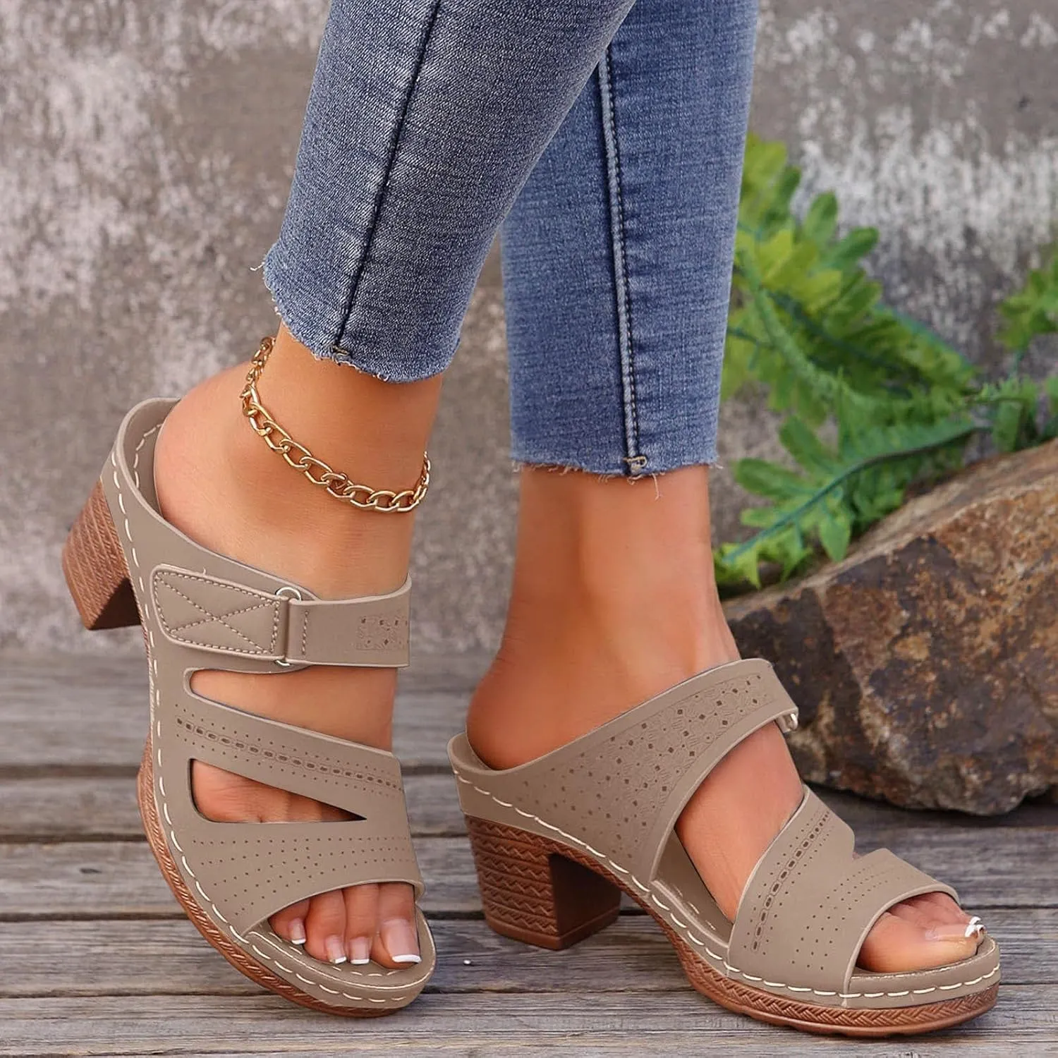 Womens Chunky Heels Sandals Casual Dressy Open Toe Adjustable Ankle Strap Slip On Beach Slides Platform Heels Slippers
