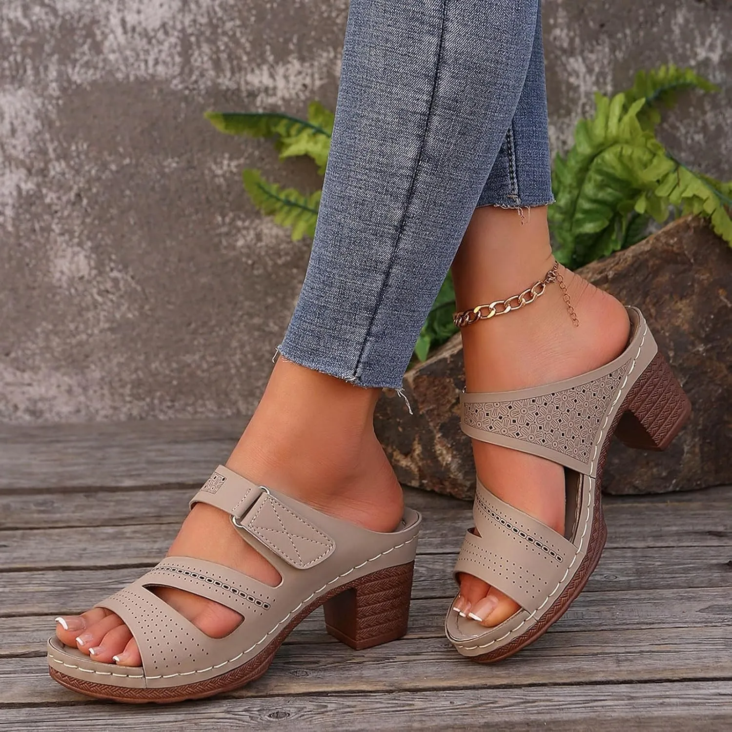 Womens Chunky Heels Sandals Casual Dressy Open Toe Adjustable Ankle Strap Slip On Beach Slides Platform Heels Slippers