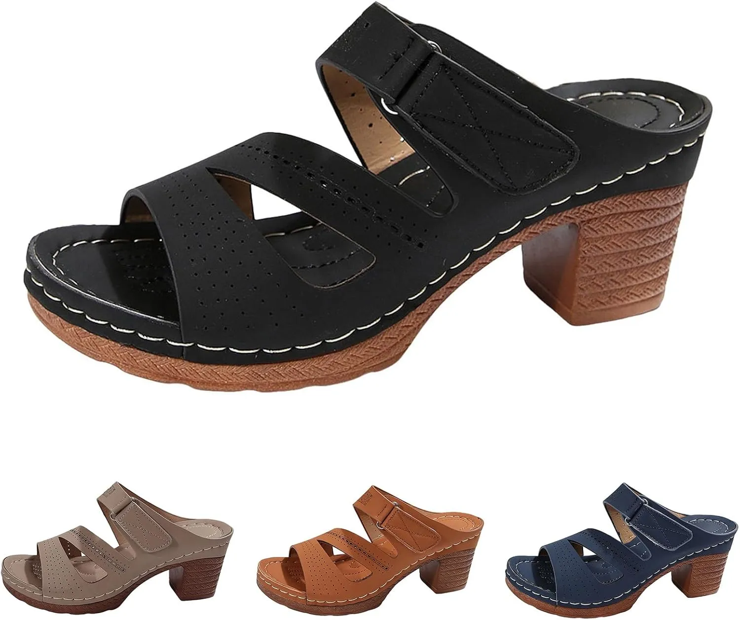 Womens Chunky Heels Sandals Casual Dressy Open Toe Adjustable Ankle Strap Slip On Beach Slides Platform Heels Slippers