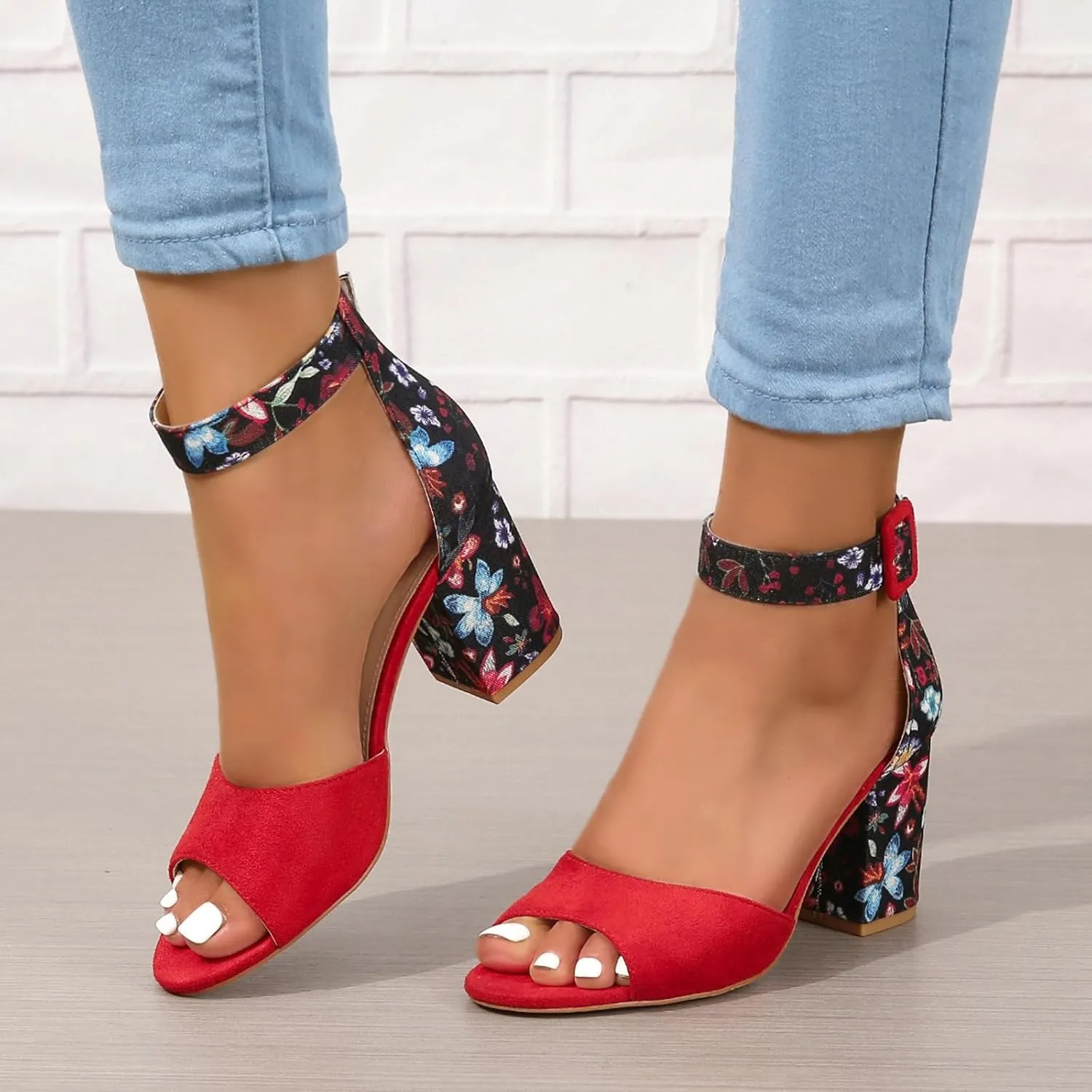Womens Chunky High Heel Sandals Floral Print Open Toe Ankle Strap Buckle Wedding Bridal Dress Pump Shoes