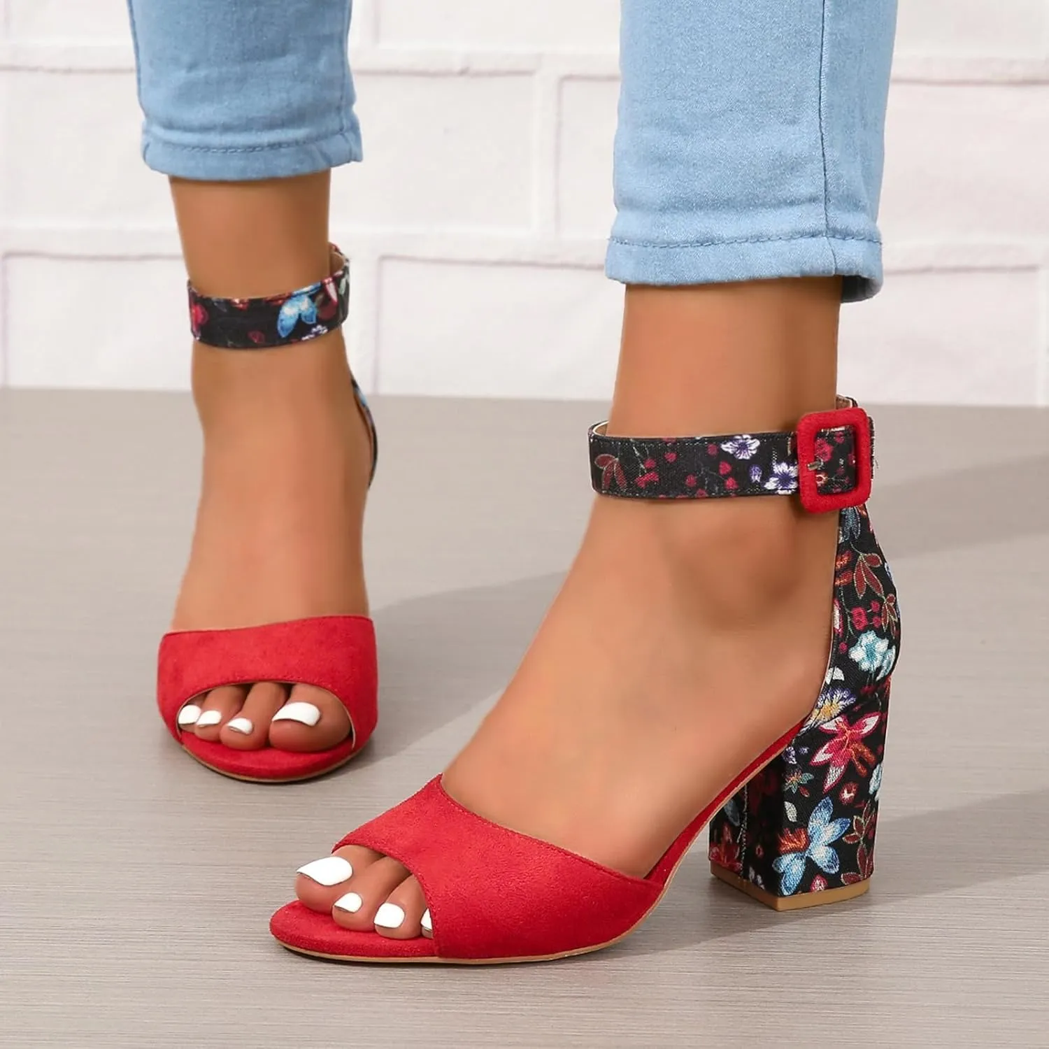 Womens Chunky High Heel Sandals Floral Print Open Toe Ankle Strap Buckle Wedding Bridal Dress Pump Shoes