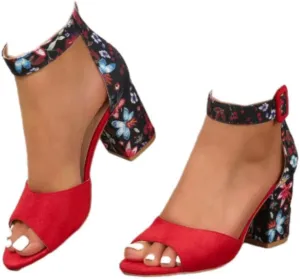 Womens Chunky High Heel Sandals Floral Print Open Toe Ankle Strap Buckle Wedding Bridal Dress Pump Shoes