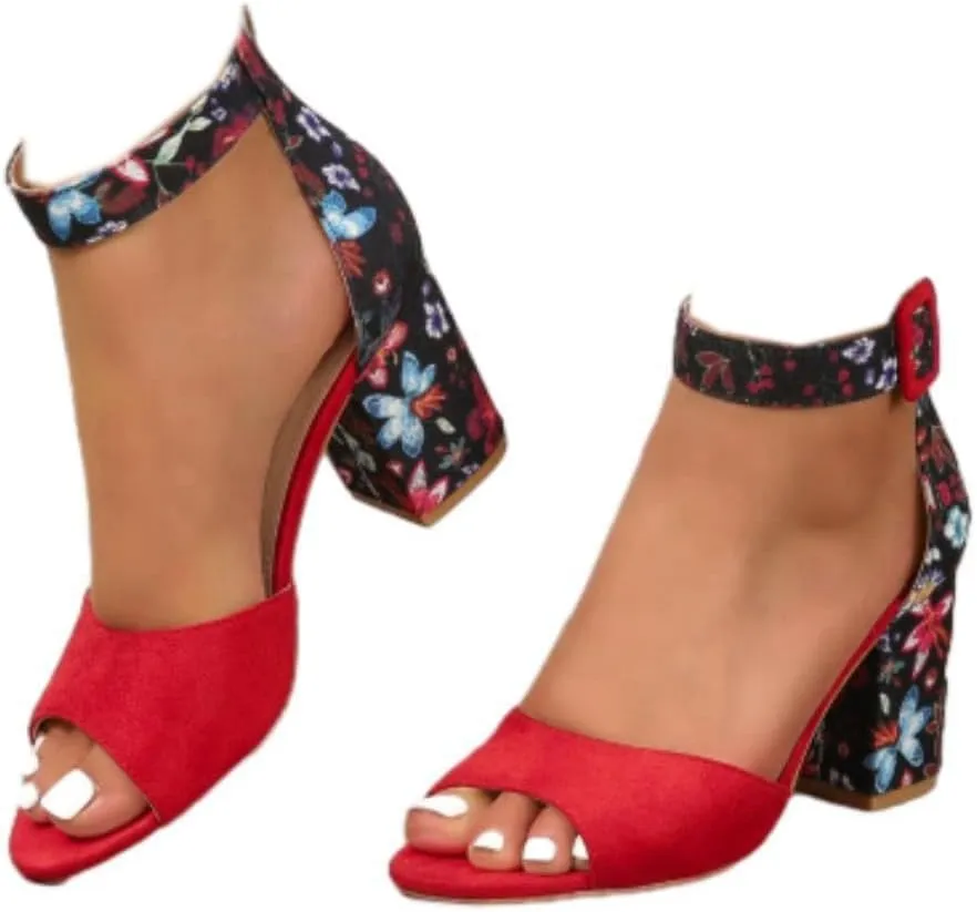 Womens Chunky High Heel Sandals Floral Print Open Toe Ankle Strap Buckle Wedding Bridal Dress Pump Shoes
