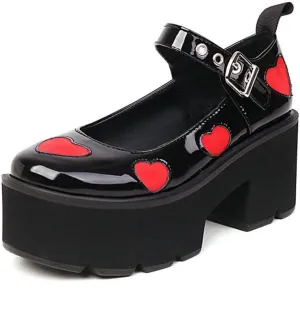 Womens Chunky Mary Jane Sweet Heart Ankle Buckle Strap Lolita Shoes Gothic Platform Pumps Leather Uniform Dress Shoes (Color : Black, Size : 7.5 US)