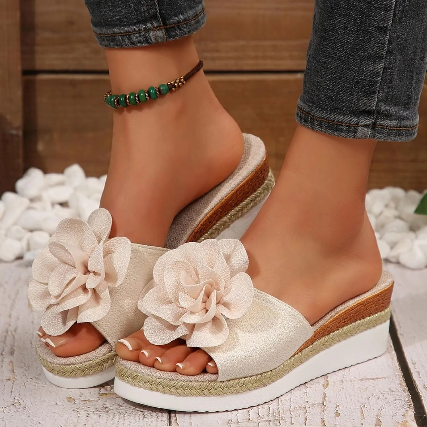 Womens Comfy Wedge Orthopedic Sandals Summer Platform Wedges 2025 Summer Woven Suede Flower Open Toe Slip On Espadrilles Slingback Casual Sandals Wide Width Walking Dress Shoes
