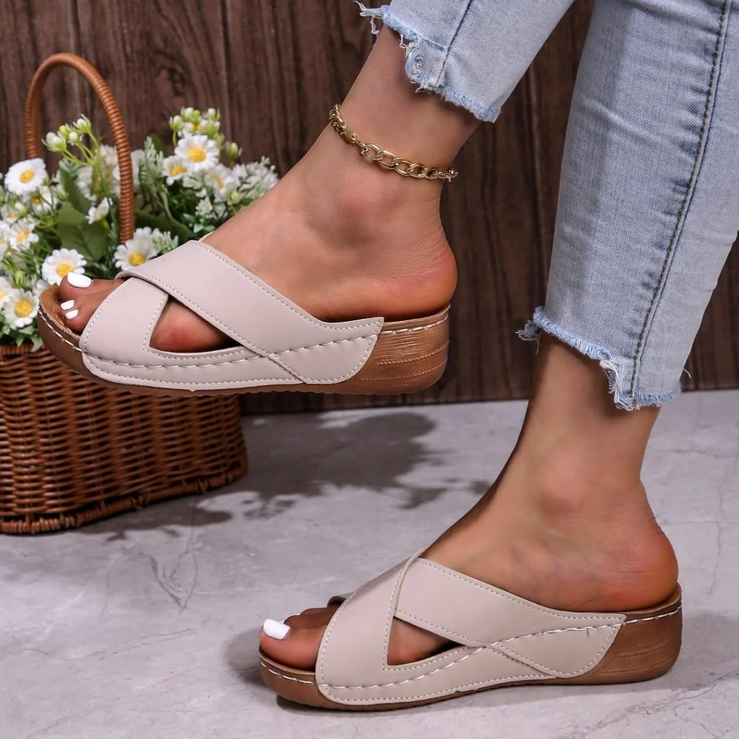 Women's Contrast Color Wedge Orthopedic Sandals 2025, Open Toe Sandal Dressy Casual Boho Summer Beach Sandals with Arch Support Comfortable Slip on Slides Fashion Dress Slippers