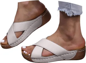 Women's Contrast Color Wedge Orthopedic Sandals 2025, Open Toe Sandal Dressy Casual Boho Summer Beach Sandals with Arch Support Comfortable Slip on Slides Fashion Dress Slippers