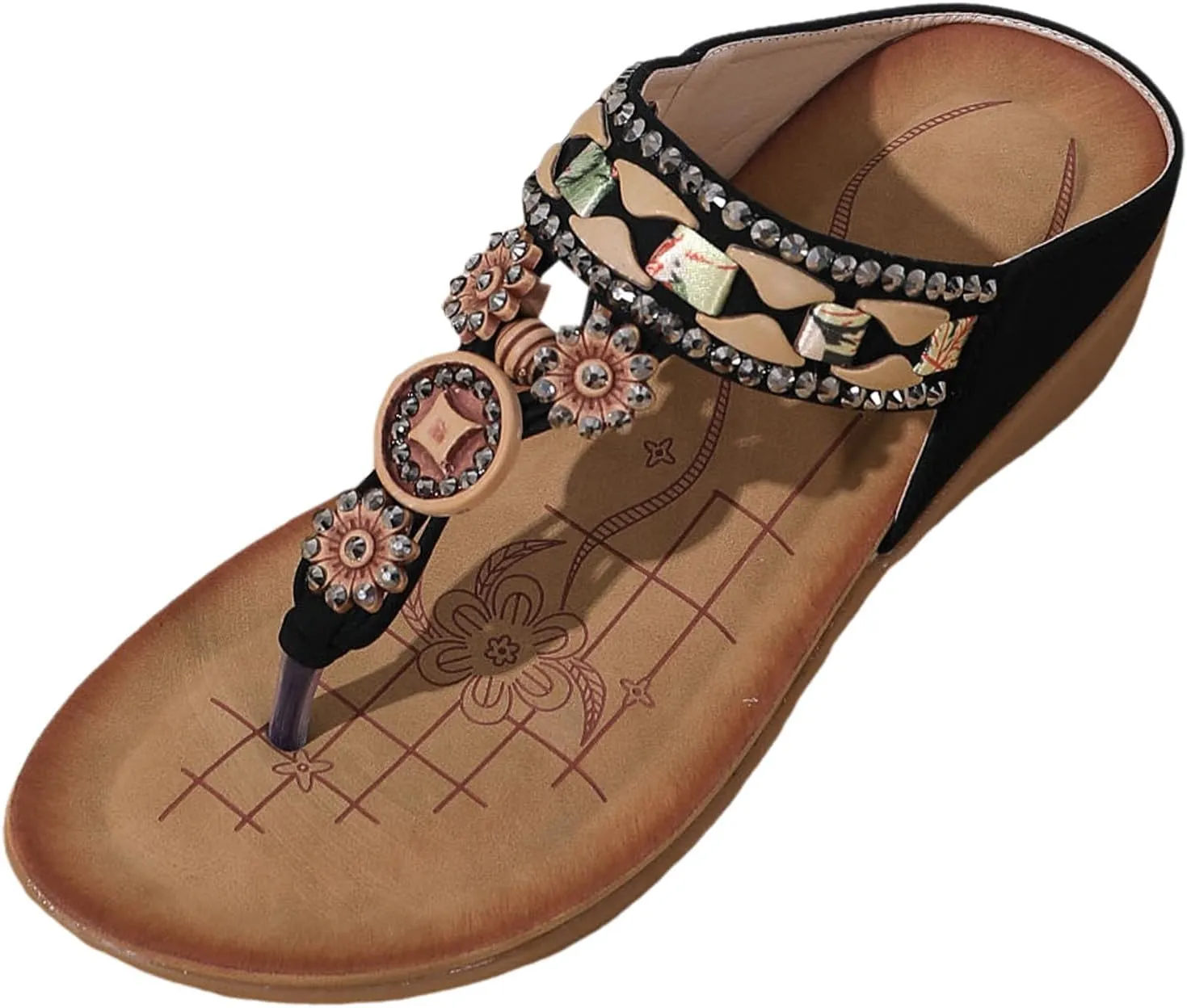 Women's Elegant Flat Bottom Sandals Rhinestone Open Toe Slip on Casual Sandal Comfortable Walking Flat Sandals