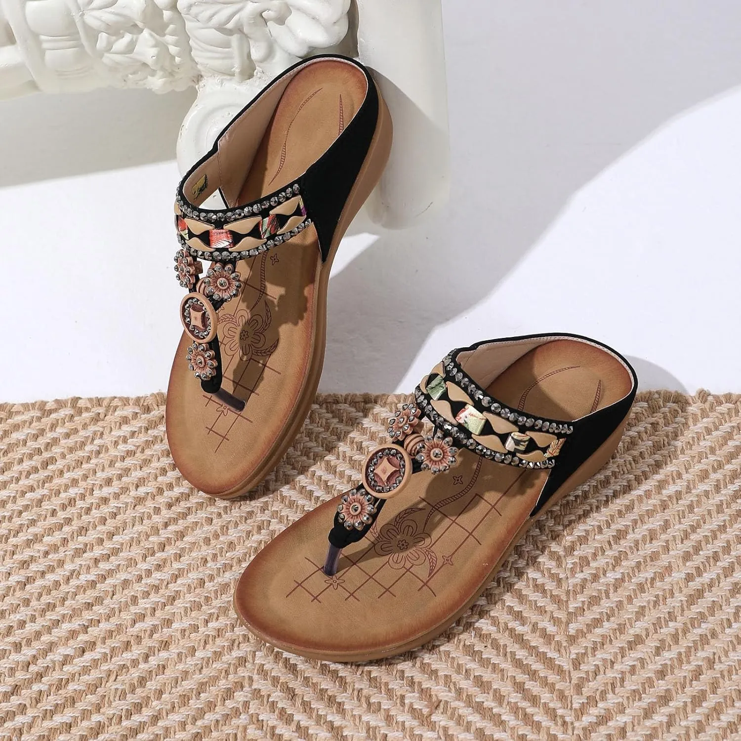 Women's Elegant Flat Bottom Sandals Rhinestone Open Toe Slip on Casual Sandal Comfortable Walking Flat Sandals