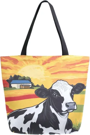 Womens Extra Large Canvas Shoulder Tote Bag, Sunrise Farm Cow Handle Bag for Gym Yoga Weekender Picnic Beach Travel Kitchen Reusable Market Grocery Shopping