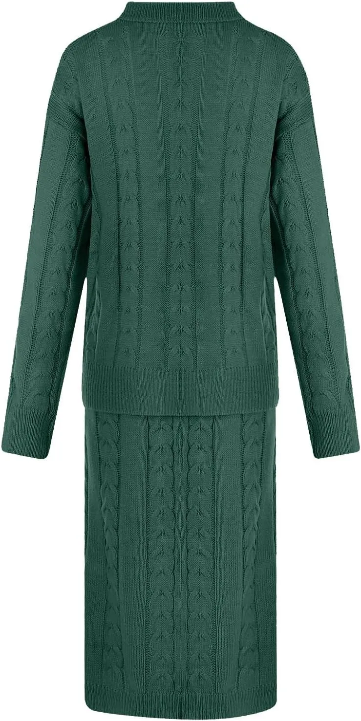 Women's Fashion Sweater Set Chunky Cable Knit Long Skirt 2 Piece Outfit Round Neck Long Sleeve Sweater Sets